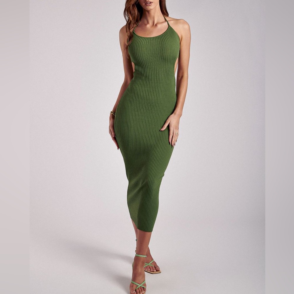 Meshki Morgan Halter Knit Midi Dress - Green